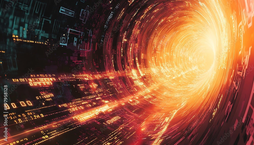 Poster illustration of cyber attack with dark digital lines and glowing firewall