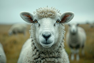 Fototapeta premium A sheep with a white face and brown wool is standing in a field