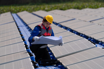 Floating solar photovoltaic panels at sustainable electrical power plant for generating clean electric energy. Concept of renewable electricity with zero emission on water surface.