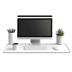 Fototapeta premium White desk mat, desktop decor, computer mouse pad, made of white plastic material, with plants on the side of it isolated on transparent background