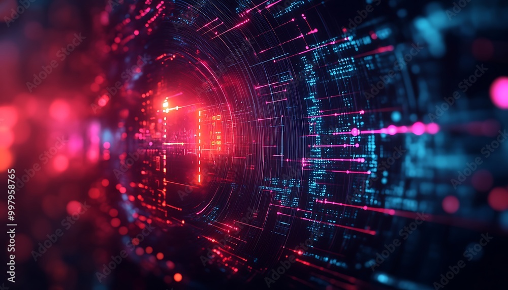 Poster illustration of cyber attack with dark digital lines and glowing firewall