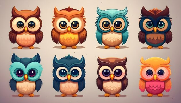 Cute Owl Emoji Set in Cartoon. Owl Collection Background Design Flat Vector Design