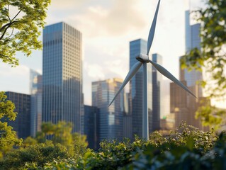2408 164.A wind turbine spins against the backdrop of a modern city skyline, symbolizing the future of green technology. The scene represents wind energy as a key component of smart city development