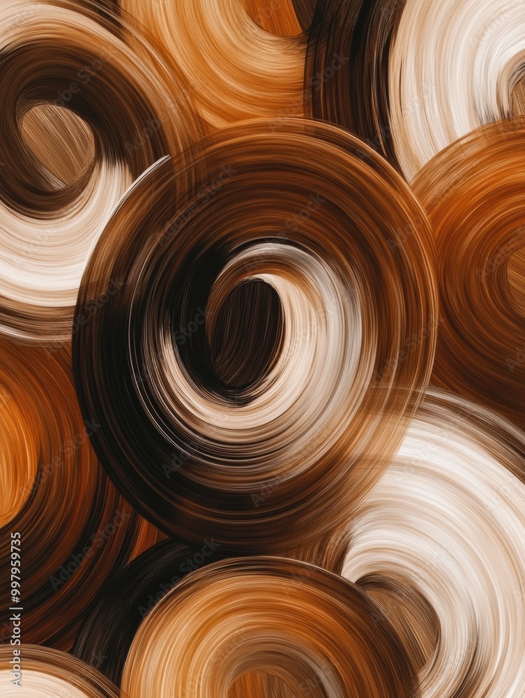 Aufkleber overlapping coffee cup rings form a dynamic abstract pattern with various rich brown shades, produci