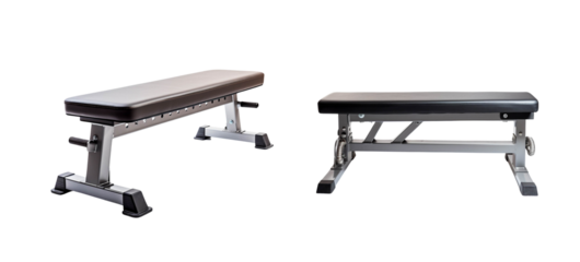 Two different styles of gym benches on a white isolated background, designed for strength training and fitness exercises.
