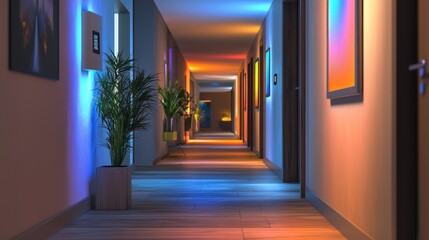 A hallway with a smart lighting system that illuminates based on movement and adjusts light color to time of day or mood
