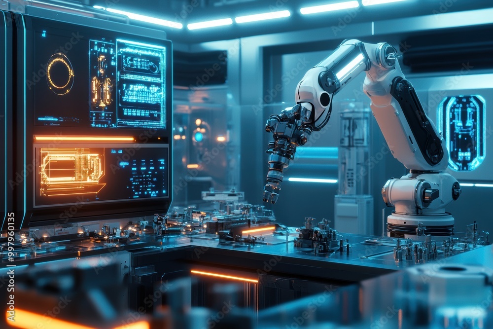 Poster a futuristic robotic arm carefully assembles intricate machinery in a high-tech laboratory filled wi