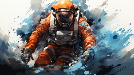 Obraz premium A man in an orange space suit is floating in a blue ocean
