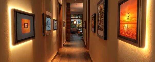 A hallway with motion-sensing walls that light up as you walk through, and digital frames that display art or family photos