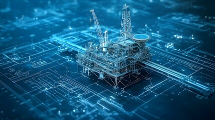 Blueprint images of a modern oil rig featuring industrial design concepts