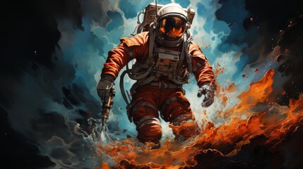 Fototapeta premium A man in a spacesuit is standing on a rocky surface