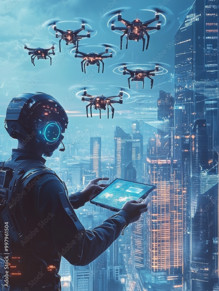 Fototapete A skilled drone pilot manages multiple advanced drones using a touchpad in a cutting-edge city control center at dusk. Generative AI