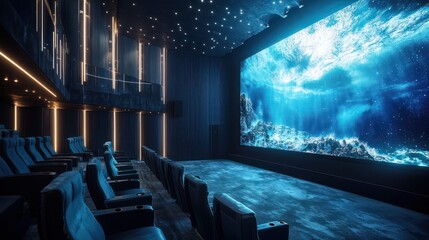 A home cinema with seat-specific sound optimization and a large smart screen that adjusts brightness based on viewer distance and angle