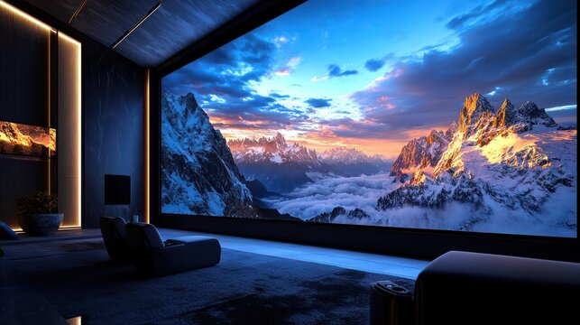 A home cinema with seat-specific sound optimization and a large smart screen that adjusts brightness based on viewer distance and angle