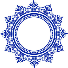 Round frame with blue floral leaves Round ornament damask.round damask frame design print or background