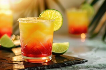 Fototapeta premium Oat milk Tequila Sunrise with oat milk and lime, served in a stylish glass, wholesome background, copy space