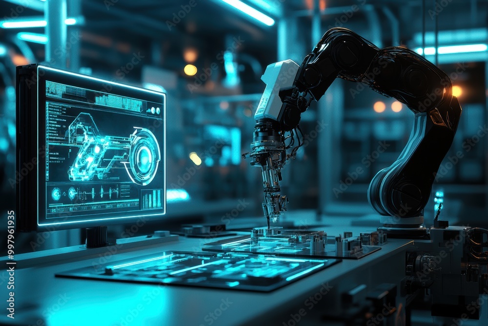 Fototapete A robotic arm precisely assembles intricate machinery in a sleek, modern lab filled with glowing panels and holographic technology. Generative AI