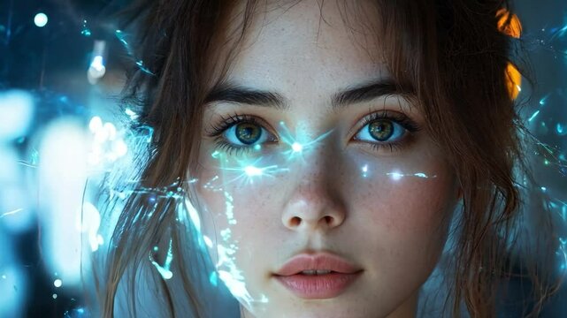The woman has captivating blue eyes and a serene expression, surrounded by an ethereal, illuminated background full of intricate patterns.