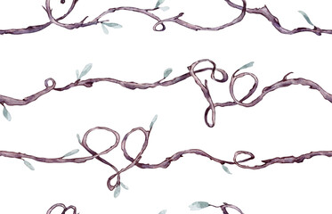 Seamless border of branches with form hearts in watercolor isolated. Curvy twig liana with simple green leaves on repeating pattern hand drawn. Elements for natural designs, Valentine day, wedding.