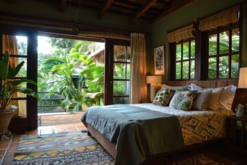 A bedroom with a large bed and a window with a plant in it © kornc