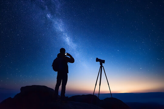Photographer under starry sky, capturing Milky Way with telescope, astrophotography silhouette, night sky adventure, stargazing exploration, cosmic nightscape, celestial beauty - Powered by Adobe