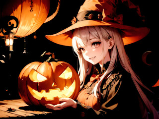 ハロウィーン、かぼちゃと女の子