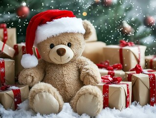  Festive Teddy Bear in Santa Hat Surrounded by Christmas Gifts and Decorations .