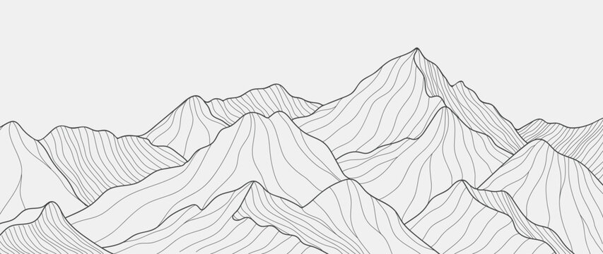 Black and white mountain line arts wallpaper, luxury landscape background design for cover, invitation background, packaging design, fabric, and print. Vector illustration.