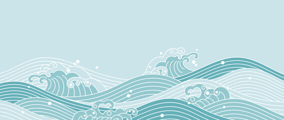 Japanese sea wave background vector. Wallpaper design with white line art and blue ocean wave pattern backdrop. Modern luxury oriental illustration for cover, banner, website, decor, interior. © TWINS DESIGN STUDIO