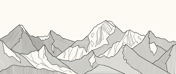 Black and white mountain line arts wallpaper, luxury landscape background design for cover, invitation background, packaging design, fabric, and print. Vector illustration.