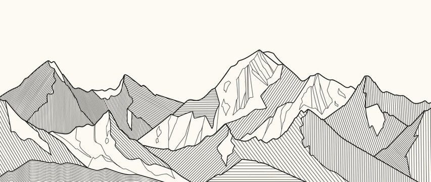 Black and white mountain line arts wallpaper, luxury landscape background design for cover, invitation background, packaging design, fabric, and print. Vector illustration.