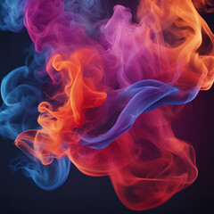 A captivating display of colorful smoke clouds in vibrant shades of orange, blue, and purple, gracefully swirling and blending against a dark background, creating a dynamic and mesmerizing abstract vi
