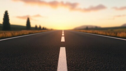 Open road leading towards a hazy skyline at sunrise, soft light bathing the highway, captured in ultrarealistic 8K, perfect focus, smooth road surface