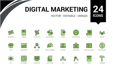 Digital Marketing colorful icons set. Line editable icons pack. Outline icon for web and ui. Vector illustration. Icon names are written in English.