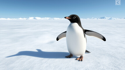 Fototapeta premium Curious Penguin Approaching a Camera on the Snowy Antarctic Tundra