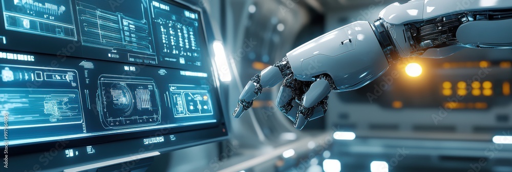 Aufkleber A robotic arm intricately assembles machinery in a modern lab filled with glowing panels and advanced holographic technology. Generative AI