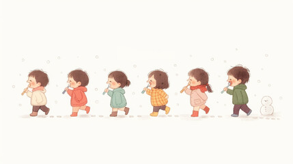 Fototapeta premium Cartoon illustration of a group of children lining up to brush their teeth, focusing on dental care and hygiene.
