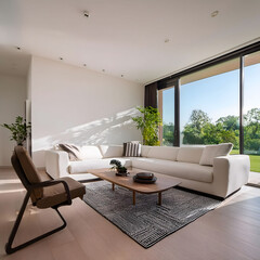 Modern minimalist living room with white sectional sofa, contemporary chairs, a coffee table.
