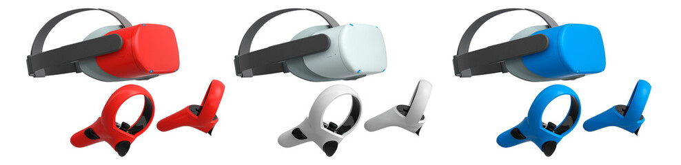 Virtual reality glasses and headset with controllers isolated on white background with clipping path. 3D render of design that enhances immersive gaming experiences for users