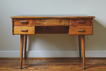 A wooden desk with four drawers sits on a wooden floor