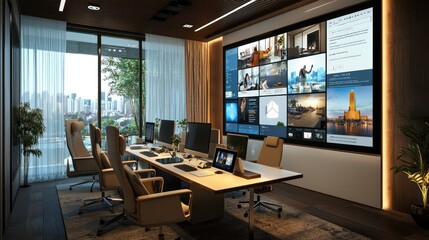 A home office with a wall-to-wall smart touch display for video conferencing, digital brainstorming, and document review