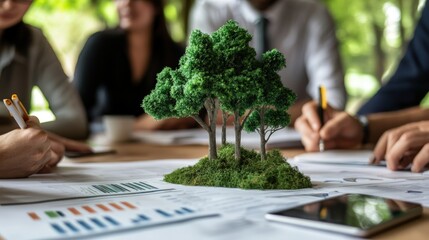 A close-up of a business team discussing sustainability initiatives, with charts and eco-friendly product samples