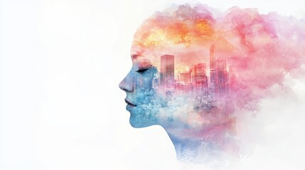 Obraz premium Profile silhouette with colorful cityscape and dream-like clouds.