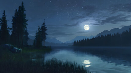 Moonlit lake landscape, serene night scene with reflection on water, peaceful forest under the full moon, calm night by the lake, tranquil nature view, starry sky, relaxing natural beauty

