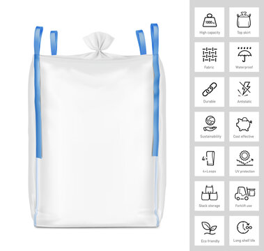 Flexible intermediate bulk container big bag with top skirt mockup. High realistic. Vector illustration isolated on white background. Ready for use in presentation, promo, advertising. EPS10.	