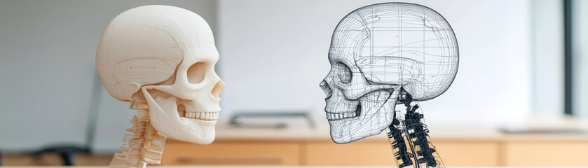 Realistic skull model and wireframe skull model facing each other, educational setting.