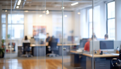 Looking through glass doors at busy open plan office with employees working