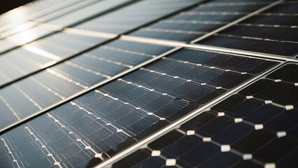 Detailed macro shot of solar panel surface and photovoltaic cells, capturing sunlight reflections, sustainable energy, stock photo