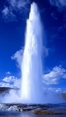 Geyser erupting dramatically into sky, showcasing powerful water jets against vibrant blue backdrop. scene captures beauty of natures forces at work