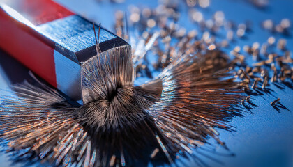 Close-up of iron filings reacting to a magnet, forming distinct magnetic field patterns, macro physics concept, stock image